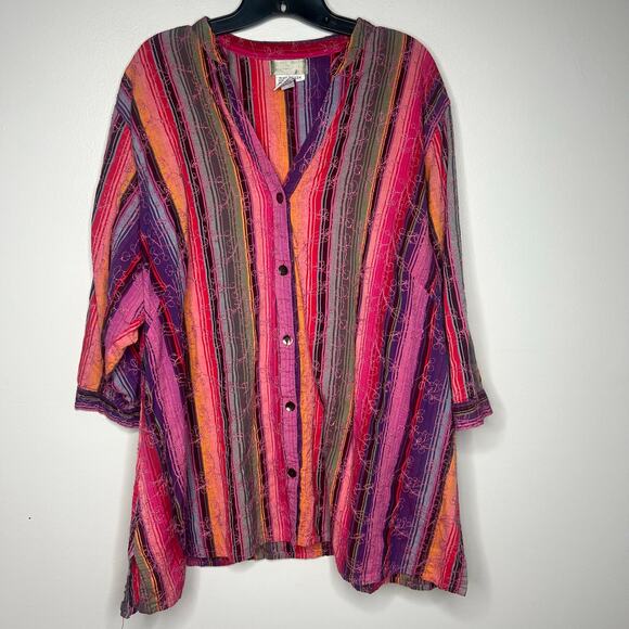 THE TERRITORY AHEAD Striped Colorful Button Up Shirt Sz 3X Boho 3/4 Sleeve Tunic - Picture 1 of 9
